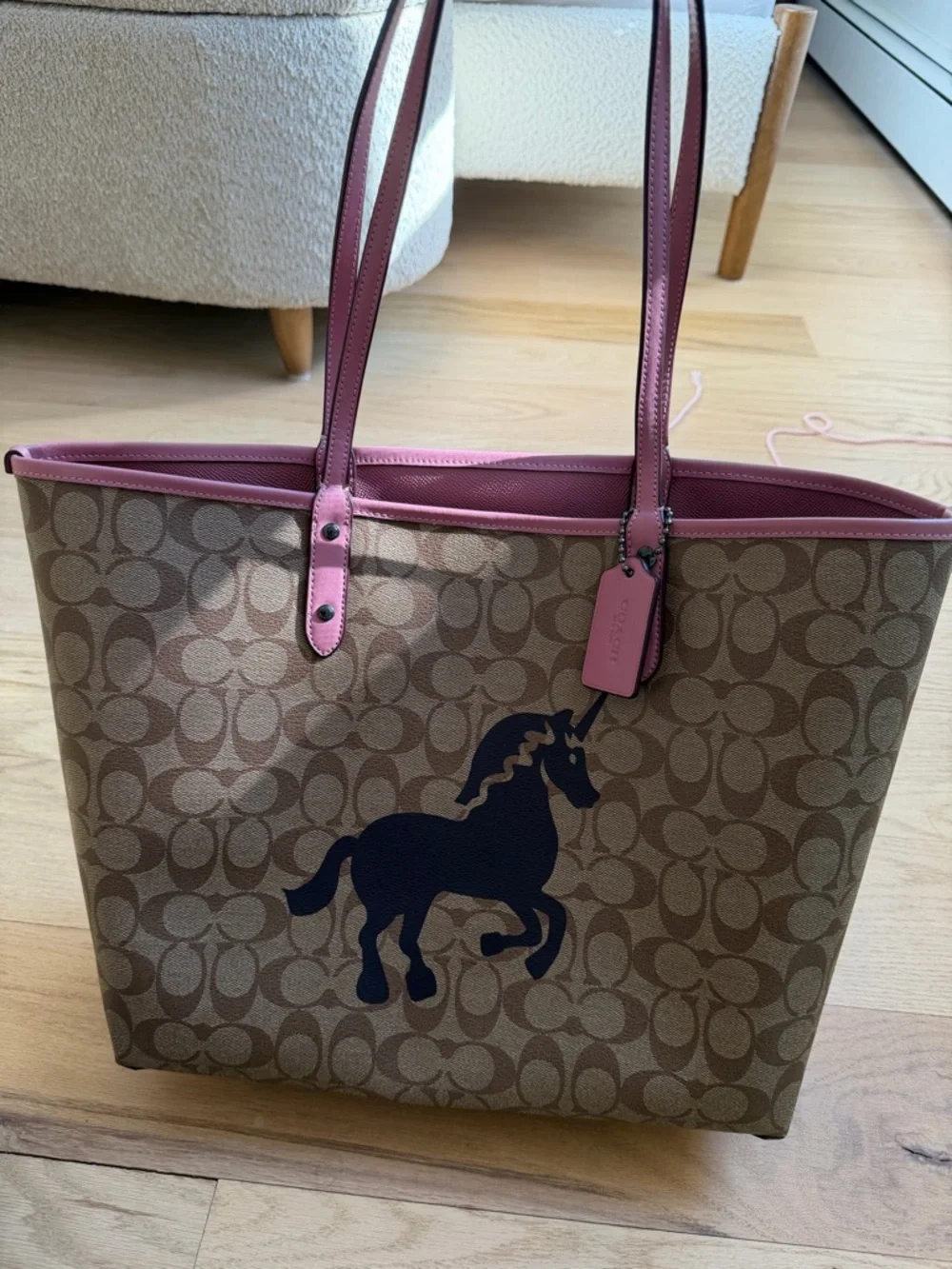 Coach Beige Signature Canvas Tote with Pink Trim and Purple Horse - Picture 2 of 6